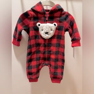 NWT Target Carters Black/Red Plaid Polar Bear Fleece Hooded Jumpsuit Size 3 MTHS